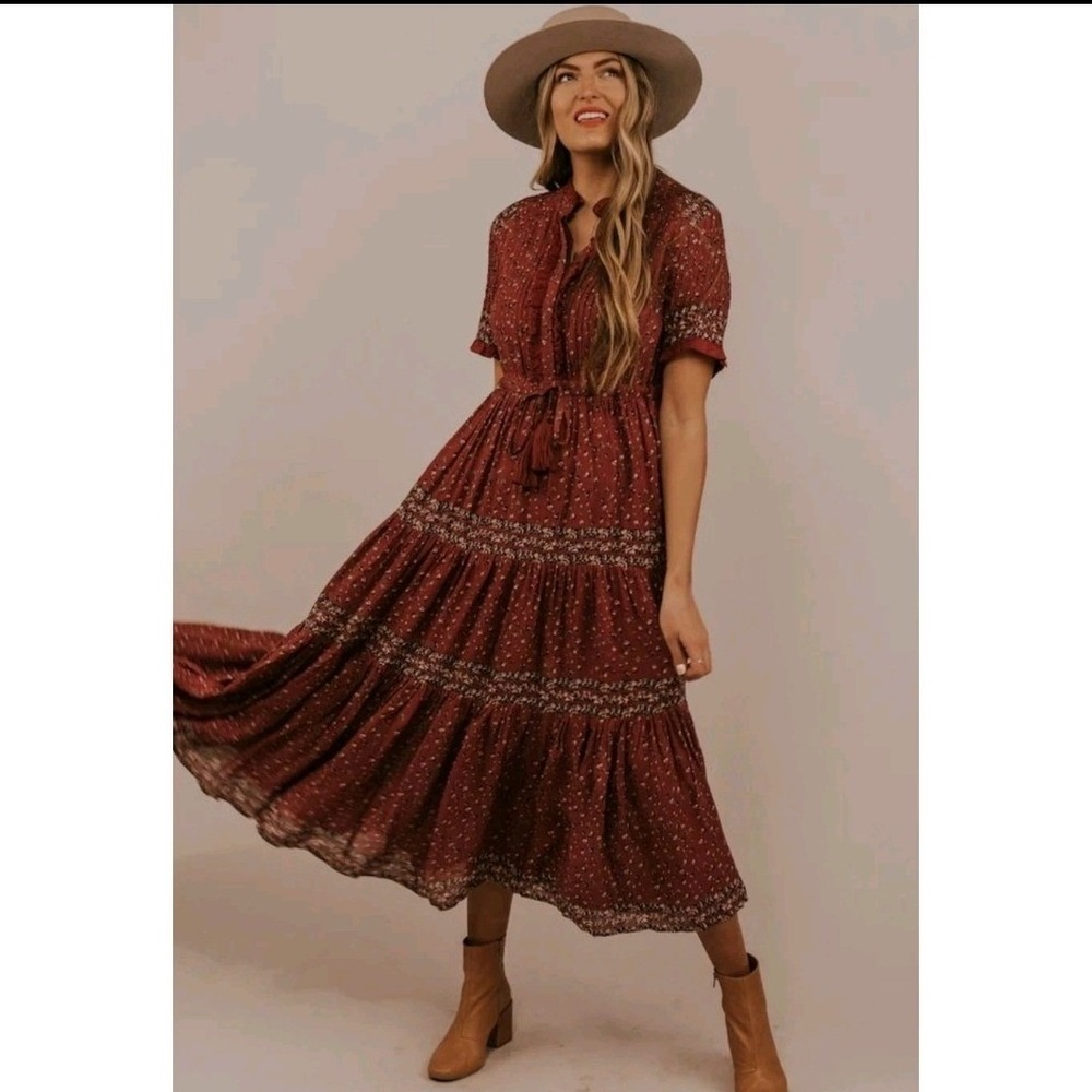 Free People Rare Feelings Maxi Dress Plum Burgundy Floral Tiered Boho Small